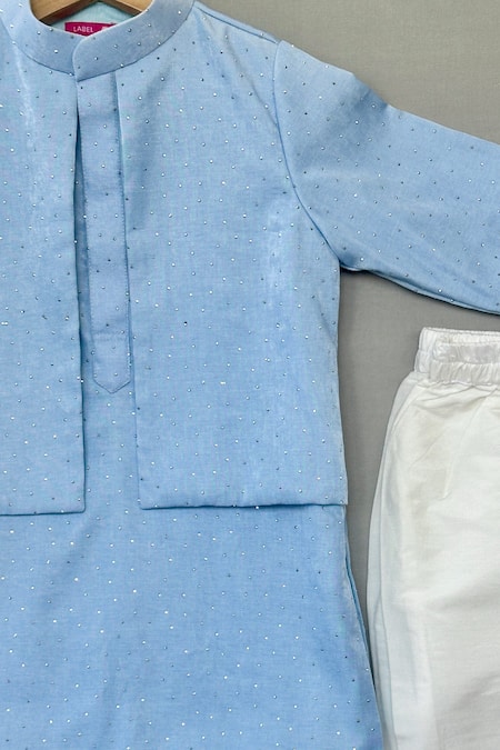 Label Neeti_Sky Blue Denim, Cotton Sequins Jacket Kurta Set _Online_at_Aza_Fashions