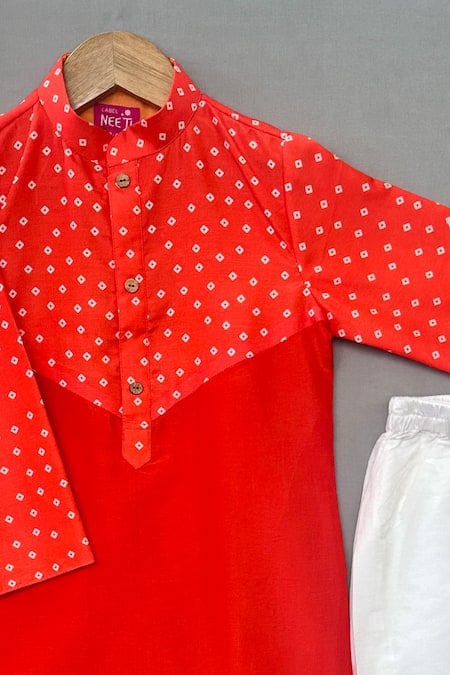 Label Neeti_Orange Chanderi, Muslin, Cotton Bandhani Print Kurta Set _Online_at_Aza_Fashions