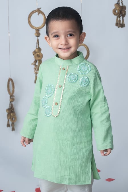 Buy_Label Neeti_Mint Cotton Embroidery, Sequins Pista Green Kurta Set _Online_at_Aza_Fashions
