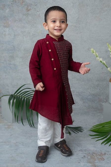 Label Neeti_Maroon Silk, Chanderi Asymmetrical Kurta Set _Online_at_Aza_Fashions