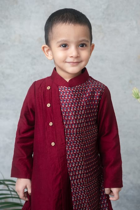 Buy_Label Neeti_Maroon Silk, Chanderi Asymmetrical Kurta Set _Online_at_Aza_Fashions