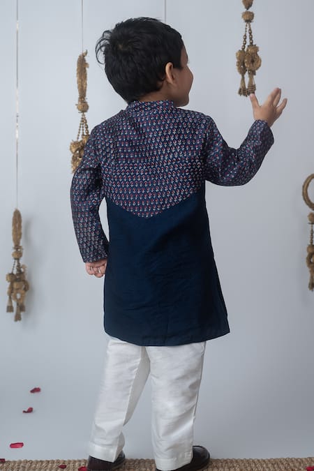 Label Neeti Navy Blue Handblock Printed Kurta Set 
