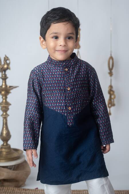 Label Neeti_Navy Chanderi Blue Handblock Printed Kurta Set _Online_at_Aza_Fashions