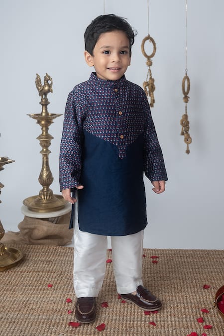 Label Neeti Navy Blue Handblock Printed Kurta Set 
