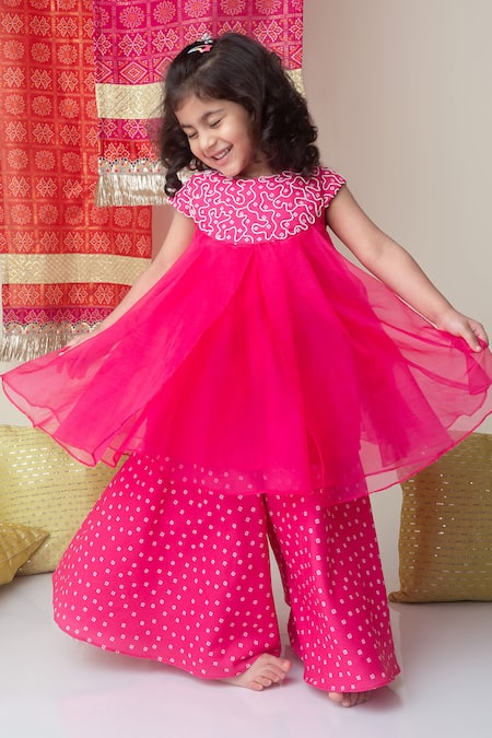 Shop_Label Neeti_Pink Organza, Muslin Beads, Embroidery Bandhani Palazzo Set _Online_at_Aza_Fashions