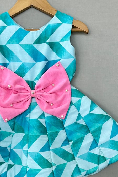 Label Neeti_Aqua Organza Bows, Pearls Geometric Print Dress _Online_at_Aza_Fashions