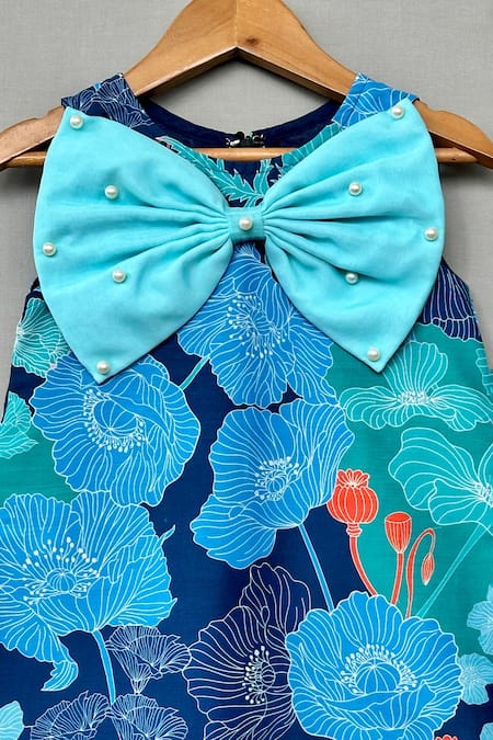 Label Neeti_Blue Muslin Bows, Pearls Floral Print A-line Dress _Online_at_Aza_Fashions