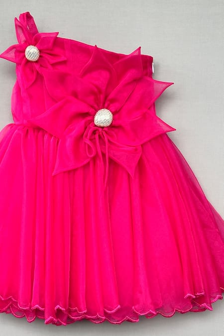 Label Neeti_Fuchsia Organza Applique, Stones Floral One Shoulder Dress _Online_at_Aza_Fashions