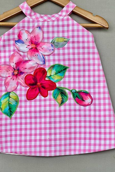 Label Neeti_Pink Cotton Applique, Embroidery Gingham Checks Dress _Online_at_Aza_Fashions