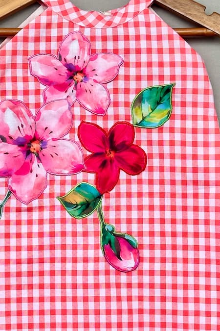 Label Neeti_Red Cotton Applique, Embroidery Gingham Checks Dress _Online_at_Aza_Fashions