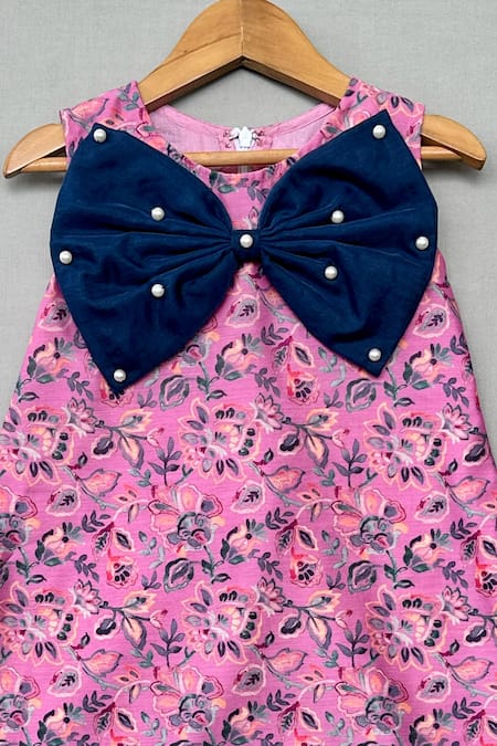 Label Neeti_Lavender Muslin Bows, Pearls Floral Printed Dress _Online_at_Aza_Fashions