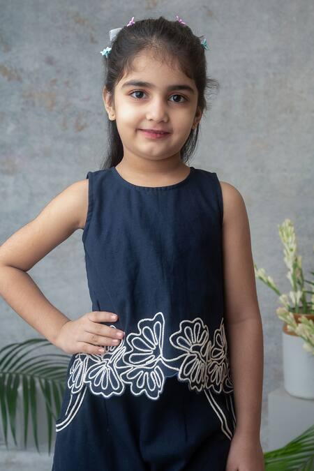 Label Neeti_Navy Cotton Embroidery, Piping Crop Top And Palazzo Set _Online_at_Aza_Fashions