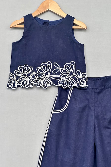 Shop_Label Neeti_Navy Cotton Embroidery, Piping Crop Top And Palazzo Set _Online_at_Aza_Fashions