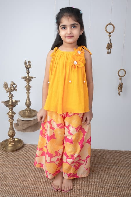 Buy Label Neeti Yellow Cotton Applique, Pearls Floral Pattern Kurta With Palazzo Online at Aza Fashions Buy_Label Neeti_Yellow Cotton Applique, Pearls Floral Pattern Kurta With Palazzo _Online_at_Aza_Fashions