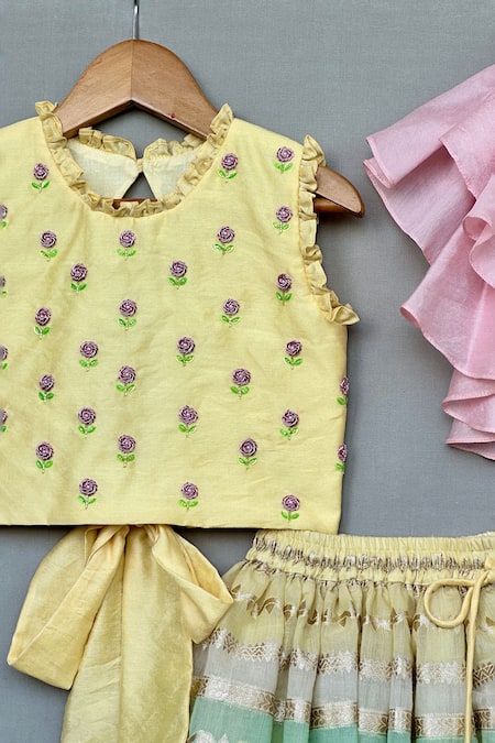 Label Neeti_Multi Color Chanderi Zari, Tassels, Embroidery, Ruffles Crop Top Lehenga Set _Online_at_Aza_Fashions