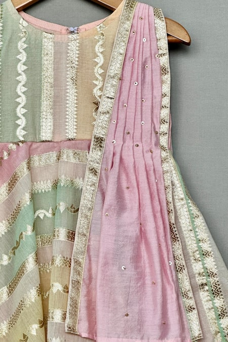 Label Neeti_Pink Chanderi Sequins, Zari Stripe Pattern Kurta _Online_at_Aza_Fashions