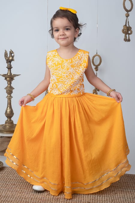 Label Neeti_Yellow Cotton Applique, Tassels, Lace, Beads, Sunshine Blouse With Lehenga _Online_at_Aza_Fashions