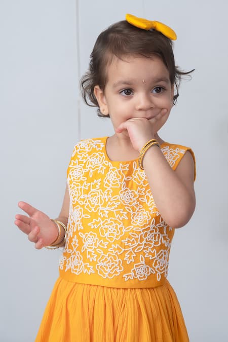 Buy_Label Neeti_Yellow Cotton Applique, Tassels, Lace, Beads, Sunshine Blouse With Lehenga _Online_at_Aza_Fashions