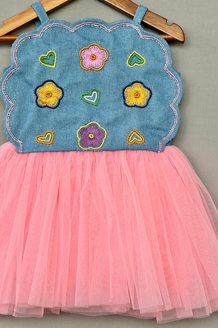 Label Neeti_Blue Denim, Net Embroidery, Beads And Pink Tulle Floral Dress _Online_at_Aza_Fashions