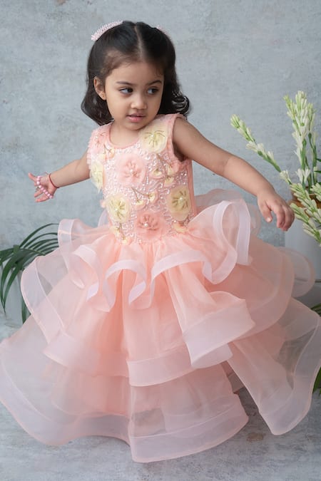 Buy_Label Neeti_Peach Organza Fabric Flowers, Pearls Layered Gown _Online_at_Aza_Fashions