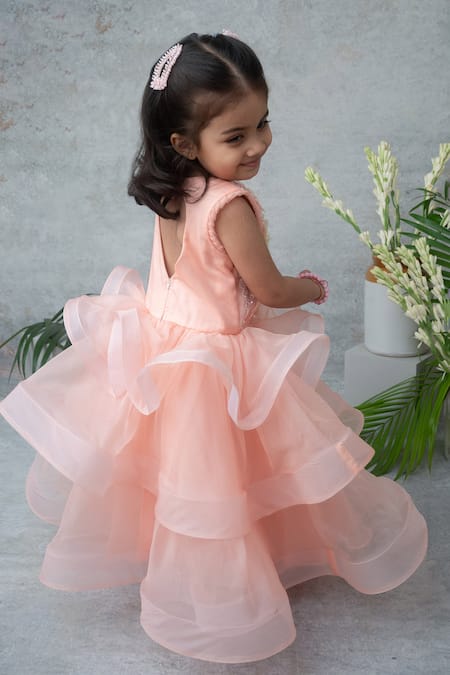 Shop_Label Neeti_Peach Organza Fabric Flowers, Pearls Layered Gown _Online_at_Aza_Fashions