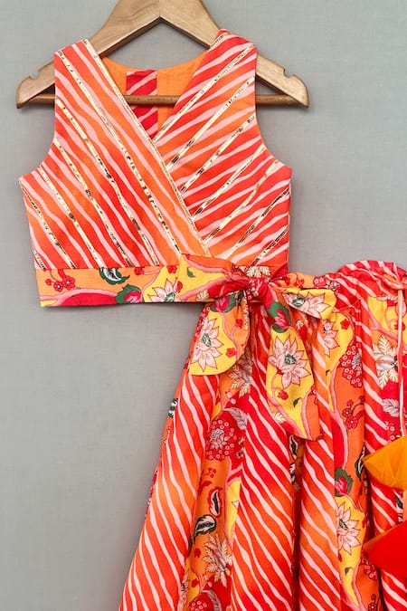 Label Neeti_Orange Muslin Tassels Leheriya Pattern Lehenga Set _Online_at_Aza_Fashions