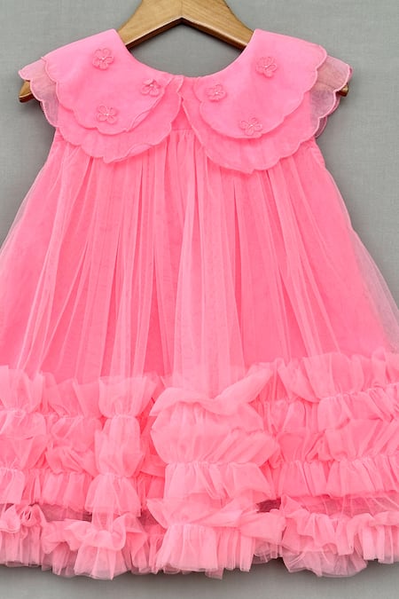 Label Neeti_Pink Net, Organza Embroidery, Ruffles Dress _Online_at_Aza_Fashions