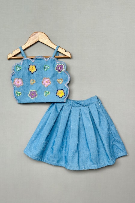 Label Neeti Denim Crop Top And Skirt Set With Floral Embroidery 
