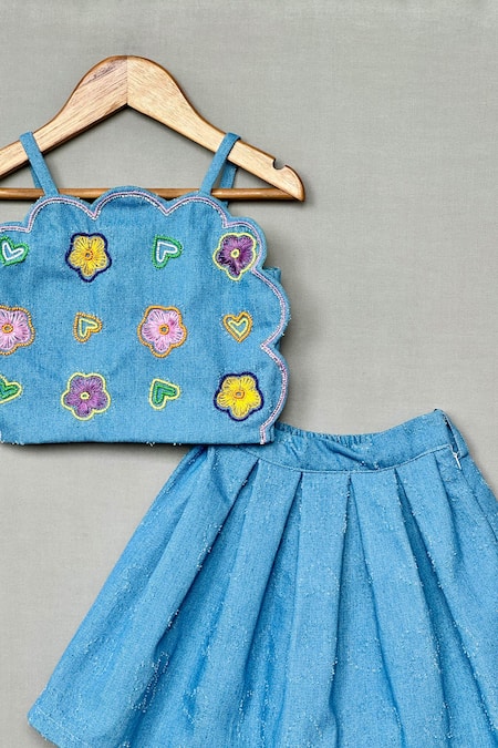 Label Neeti_Blue Denim Embroidery, Beads Crop Top And Skirt Set With Floral _Online_at_Aza_Fashions
