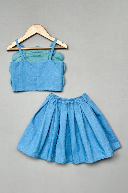 Label Neeti Denim Crop Top And Skirt Set With Floral Embroidery 