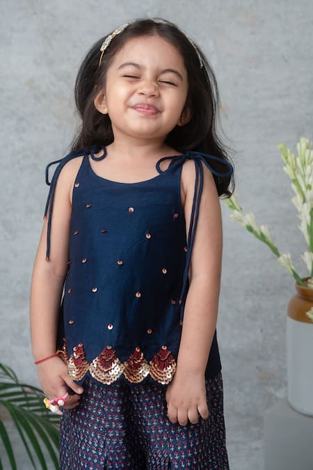 Label Neeti_Navy Chanderi Sequins, Embroidery Blue Embellished Top With Palazzo _Online_at_Aza_Fashions