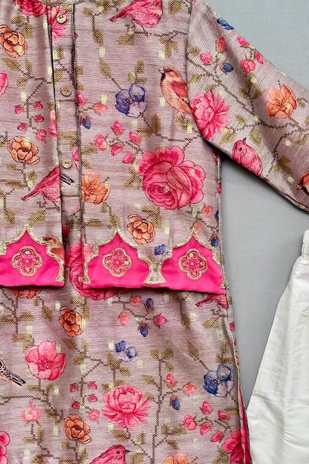 Label Neeti_Pink Chanderi, Cotton Zari, Embroidery, Foil Printing Floral Kurta Set _Online_at_Aza_Fashions