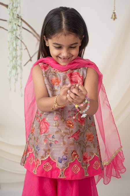 Label Neeti_Pink Chanderi, Organza Embroidery, Zari, Gota Patti, Ruffles Floral Kurta Set _Online_at_Aza_Fashions