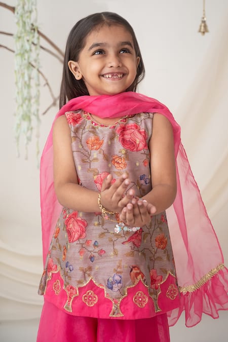 Shop_Label Neeti_Pink Chanderi, Organza Embroidery, Zari, Gota Patti, Ruffles Floral Kurta Set _Online_at_Aza_Fashions