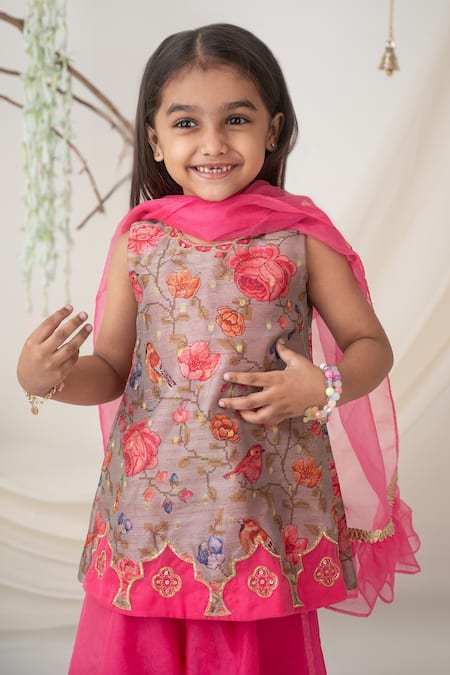 Label Neeti_Pink Chanderi, Organza Embroidery, Zari, Gota Patti, Ruffles Floral Kurta Set _at_Aza_Fashions