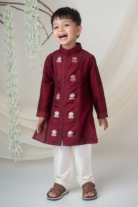 Label Neeti_Maroon Chanderi, Cotton Zari, Embroidery Kurta Set _Online_at_Aza_Fashions
