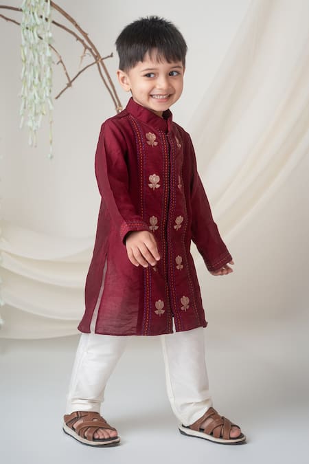 Label Neeti_Maroon Chanderi, Cotton Zari, Embroidery Kurta Set _at_Aza_Fashions