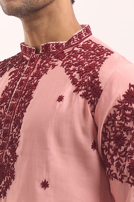Arihant Rai Sinha_Peach Embroidery Cotton Silk Short Kurta _Online_at_Aza_Fashions