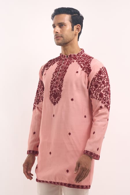 Buy_Arihant Rai Sinha_Peach Embroidery Cotton Silk Short Kurta _Online_at_Aza_Fashions