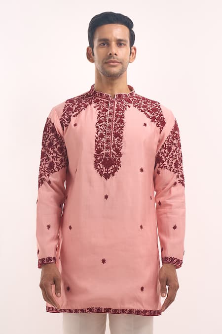 Shop_Arihant Rai Sinha_Peach Embroidery Cotton Silk Short Kurta _Online_at_Aza_Fashions