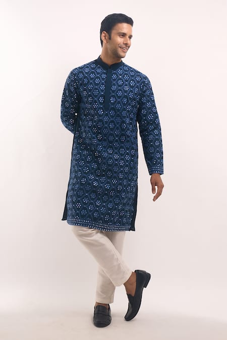 Buy_Arihant Rai Sinha_Blue Cotton, Silk Mirrors, Embroidery Geometric Pattern Kurta _Online_at_Aza_Fashions