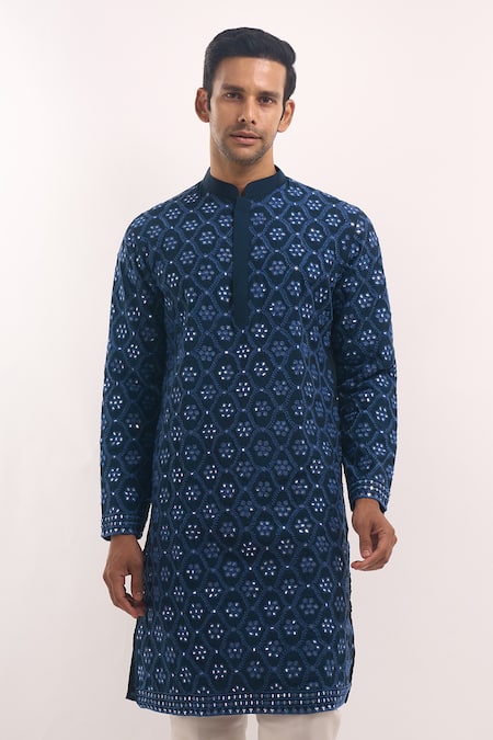 Shop_Arihant Rai Sinha_Blue Cotton, Silk Mirrors, Embroidery Geometric Pattern Kurta _Online_at_Aza_Fashions