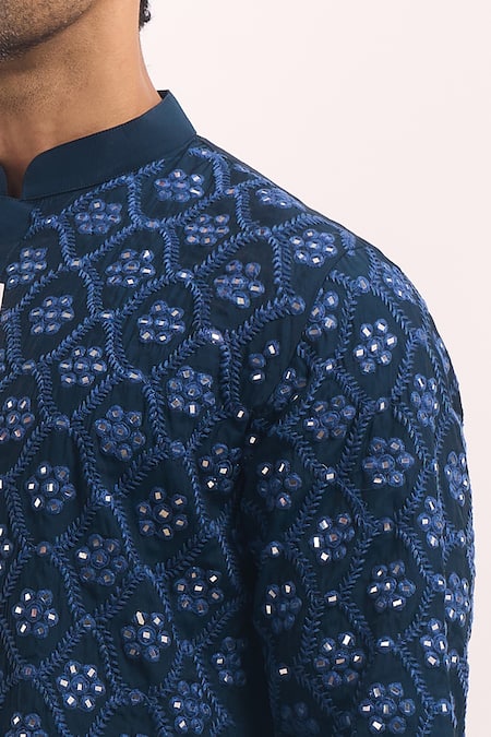 Arihant Rai Sinha_Blue Cotton, Silk Mirrors, Embroidery Geometric Pattern Kurta _at_Aza_Fashions