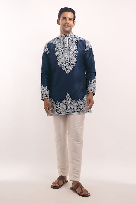Arihant Rai Sinha_Blue Cotton, Silk Embroidery Short Kurta _Online_at_Aza_Fashions
