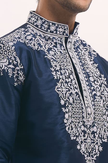 Buy_Arihant Rai Sinha_Blue Cotton, Silk Embroidery Short Kurta _Online_at_Aza_Fashions