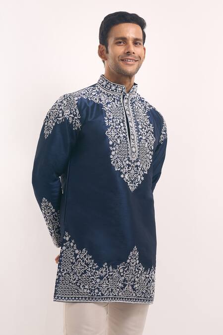 Shop_Arihant Rai Sinha_Blue Cotton, Silk Embroidery Short Kurta _Online_at_Aza_Fashions