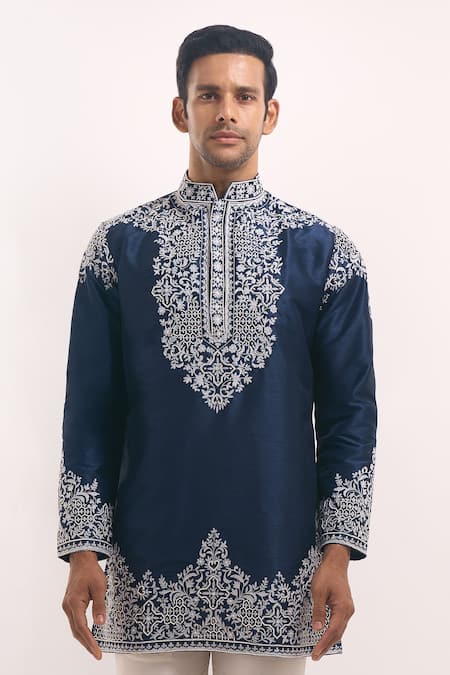 Arihant Rai Sinha_Blue Cotton, Silk Embroidery Short Kurta _at_Aza_Fashions