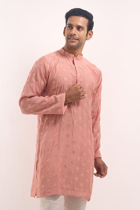 Arihant Rai Sinha_Pink Cotton, Silk Embroidery Mirror Work Kurta _Online_at_Aza_Fashions