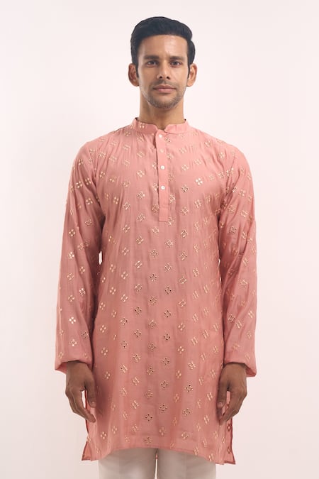 Shop_Arihant Rai Sinha_Pink Cotton, Silk Embroidery Mirror Work Kurta _Online_at_Aza_Fashions