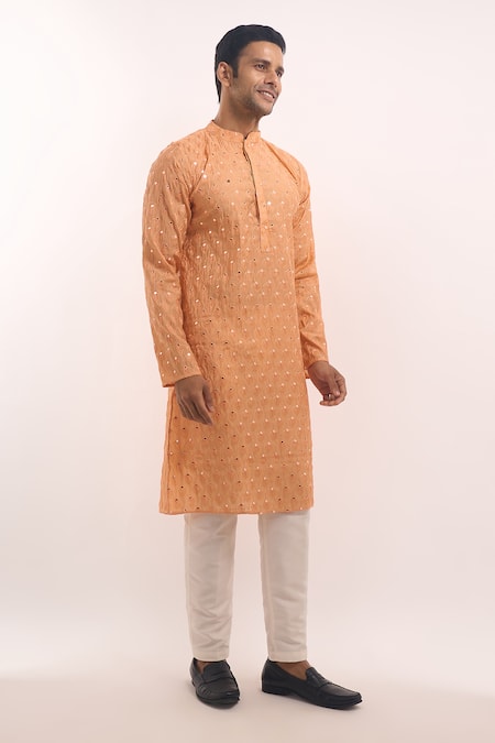 Arihant Rai Sinha_Peach Cotton, Silk Mirrors, Embroidery Kurta _Online_at_Aza_Fashions